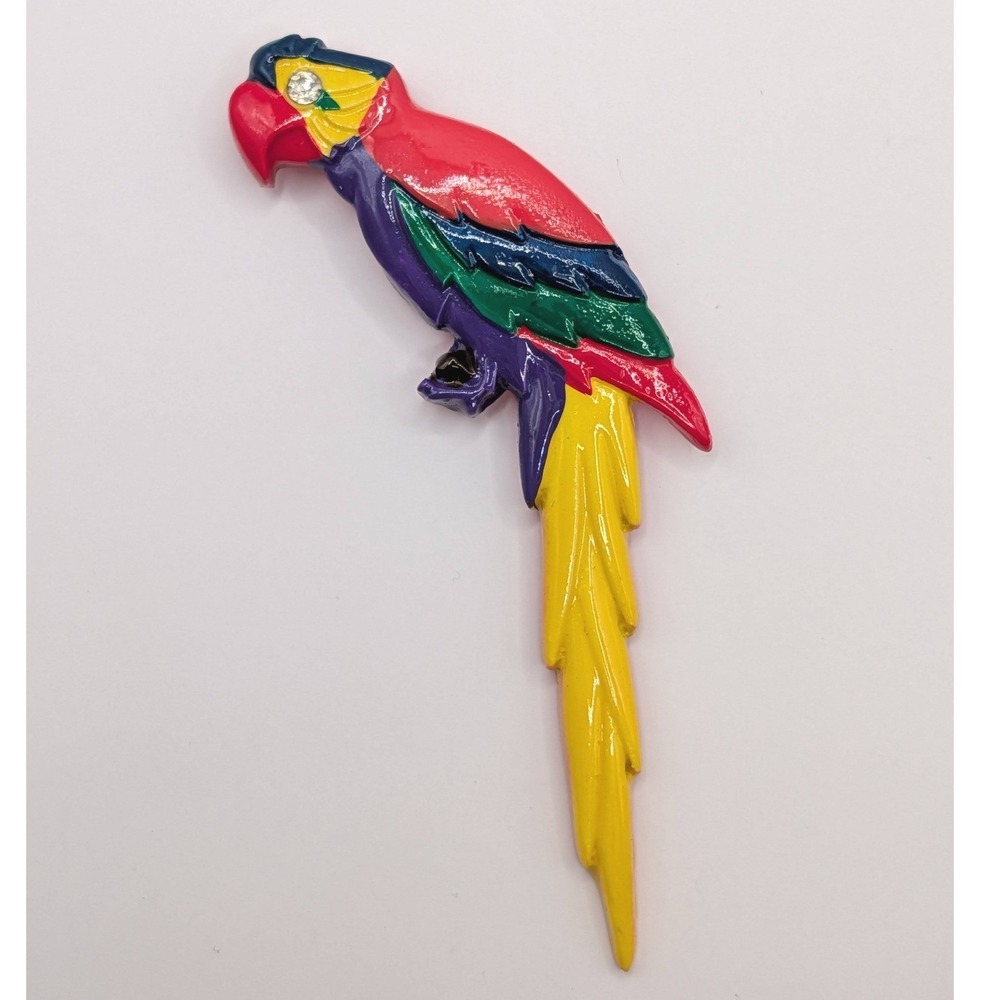 Vintage 80s Colorful Parrot Brooch Large Enamel Tropical Bird Statement Pin